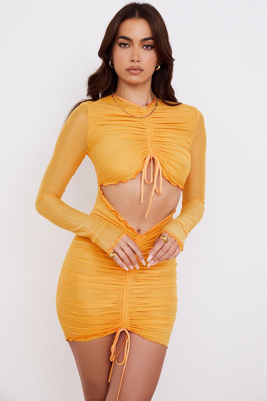 Peignoir House Of Cb Ruched Mesh Long Sleeve Cutout Mini Orange | ZVG-038526