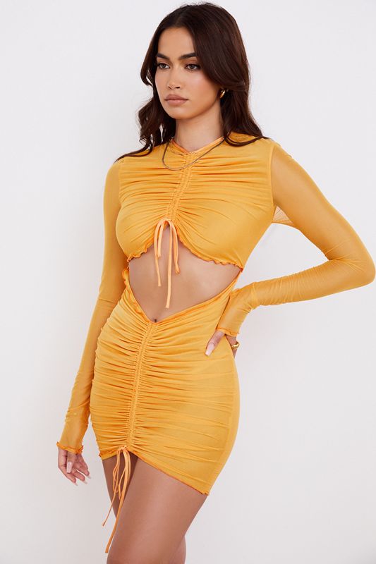 Peignoir House Of Cb Ruched Mesh Long Sleeve Cutout Mini Orange | ZVG-038526