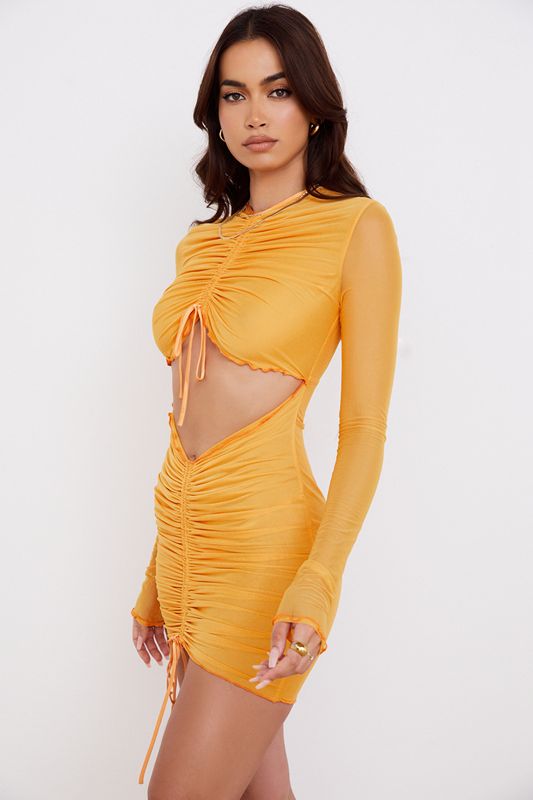 Peignoir House Of Cb Ruched Mesh Long Sleeve Cutout Mini Orange | ZVG-038526