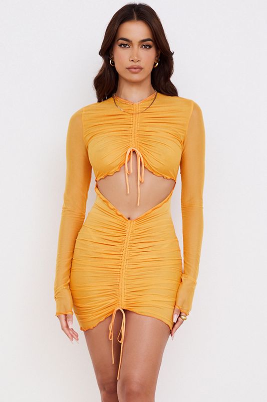 Peignoir House Of Cb Ruched Mesh Long Sleeve Cutout Mini Orange | ZVG-038526