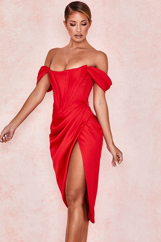 Peignoir House Of Cb Satin Off Shoulder Rouge | MGW-294516