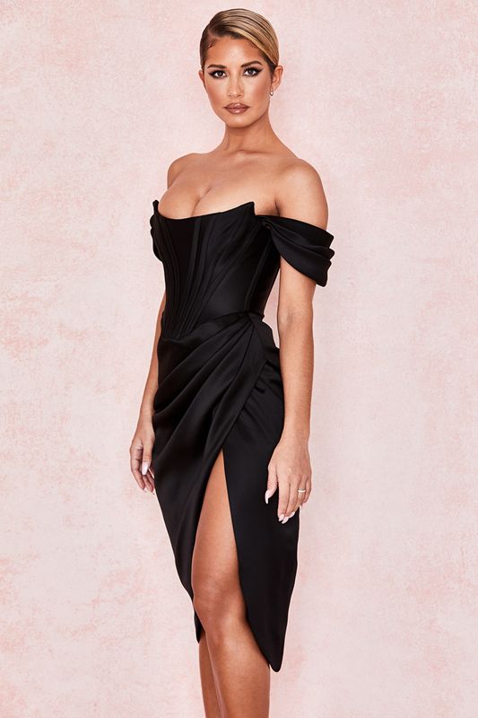 Peignoir House Of Cb Satin Off Shoulder Noir | SUB-342789