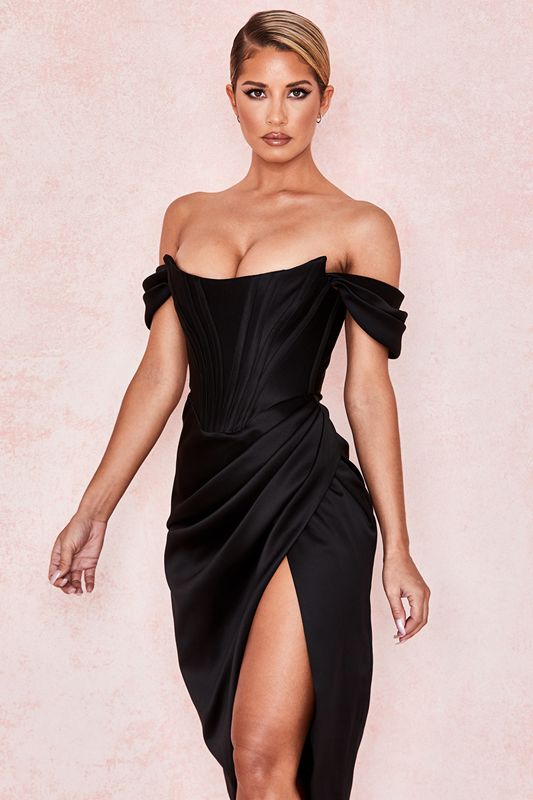 Peignoir House Of Cb Satin Off Shoulder Noir | SUB-342789