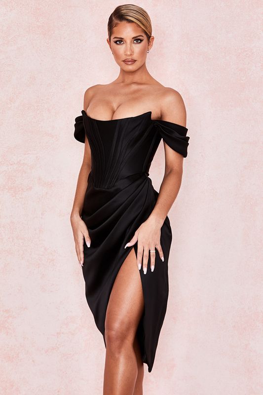 Peignoir House Of Cb Satin Off Shoulder Noir | SUB-342789