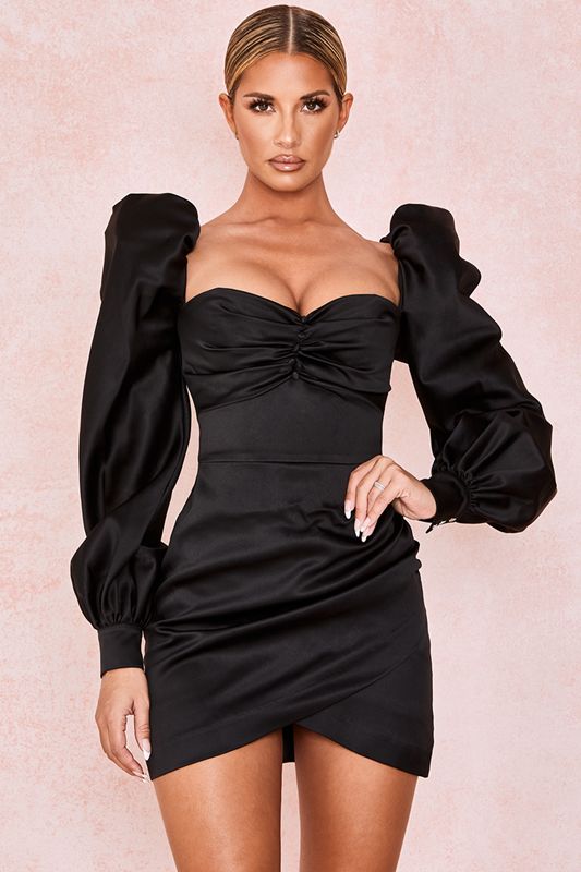 Peignoir House Of Cb Satin Puff Sleeve Noir | RAQ-174628