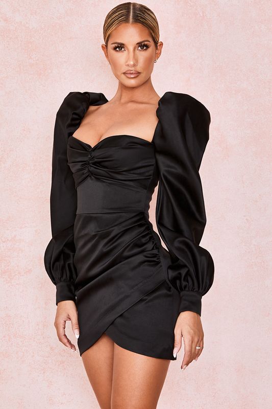 Peignoir House Of Cb Satin Puff Sleeve Noir | RAQ-174628