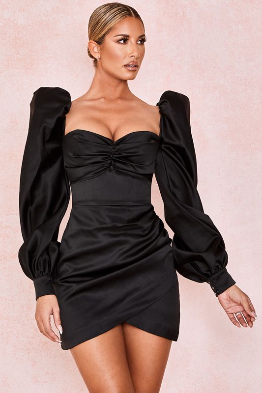 Peignoir House Of Cb Satin Puff Sleeve Noir | RAQ-174628