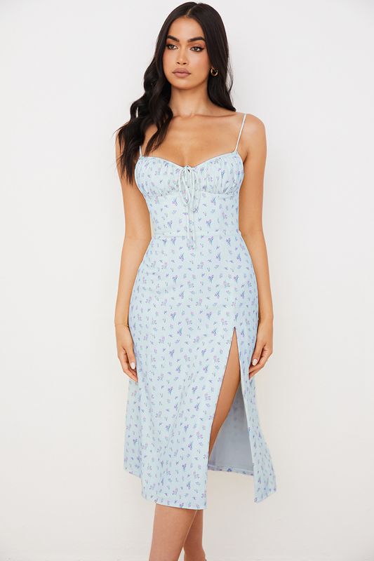 Robe Mi-longue House Of Cb Floral Bustier Bleu | NFH-279405