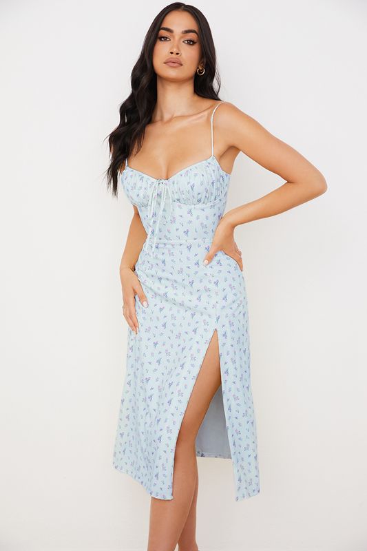 Robe Mi-longue House Of Cb Floral Bustier Bleu | NFH-279405