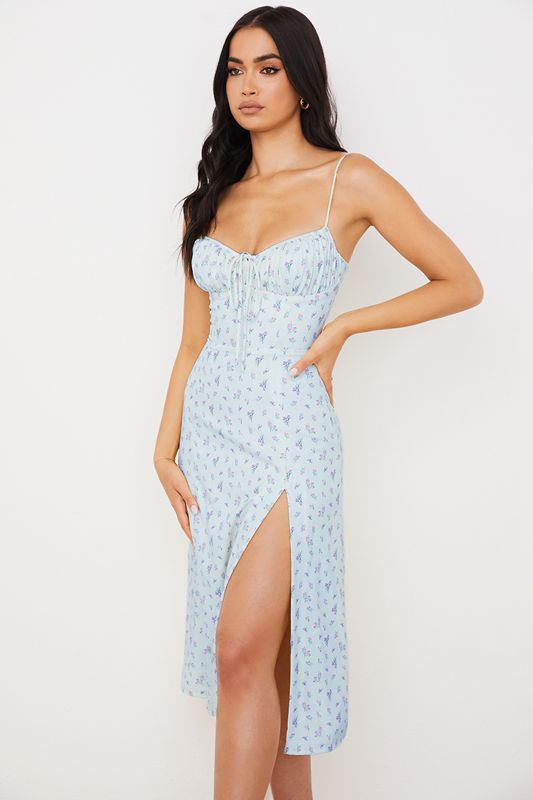 Robe Mi-longue House Of Cb Floral Bustier Bleu | NFH-279405