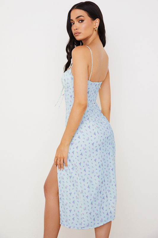 Robe Mi-longue House Of Cb Floral Bustier Bleu | NFH-279405