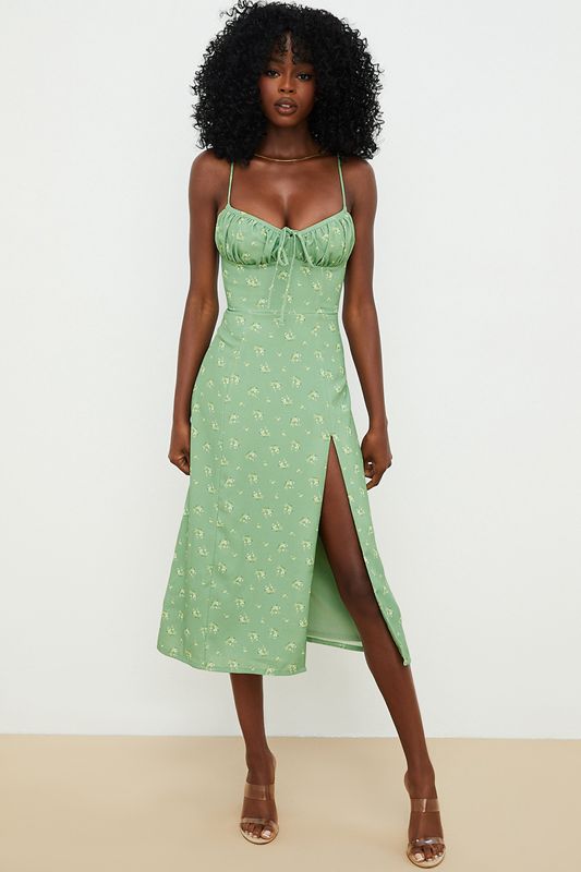 Robe Mi-longue House Of Cb Floral Bustier Vert Olive | TLX-457921