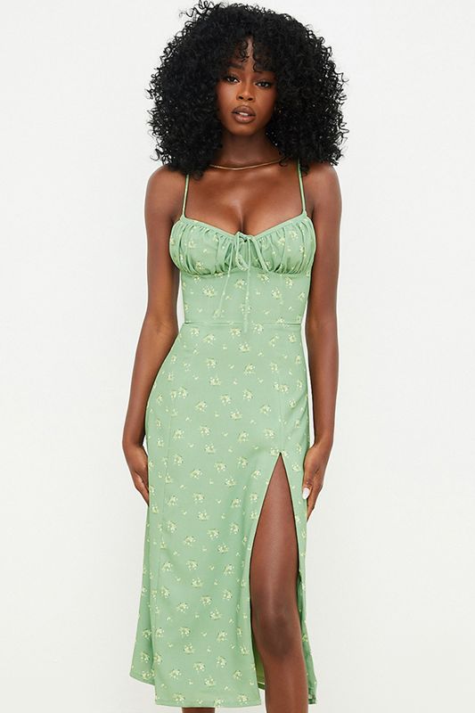 Robe Mi-longue House Of Cb Floral Bustier Vert Olive | TLX-457921