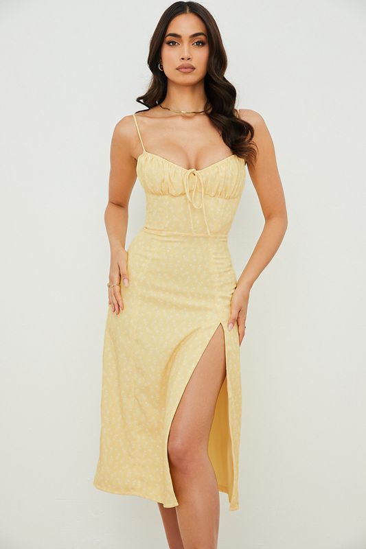 Robe Mi-longue House Of Cb Floral Bustier Jaune | XEZ-126987