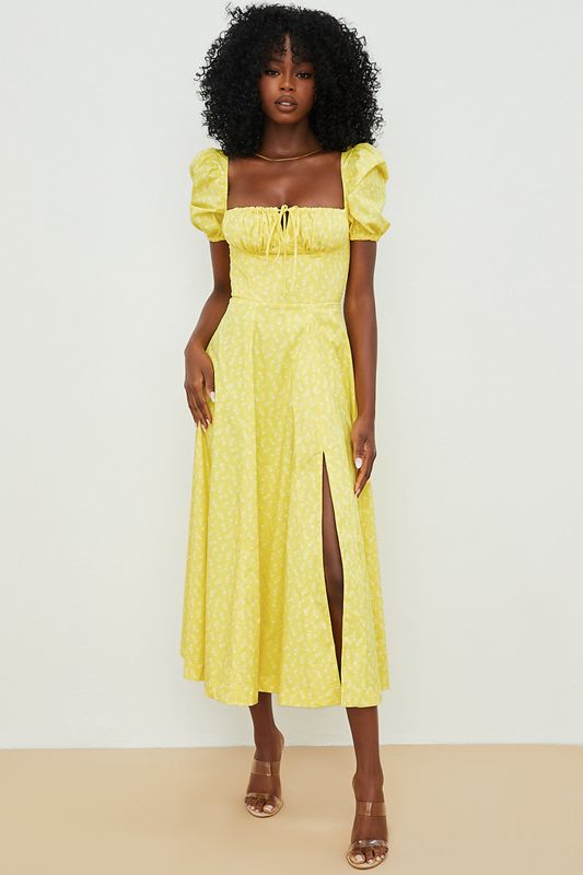 Robe Mi-longue House Of Cb Floral Puff Sleeve Jaune | DER-604952