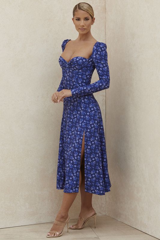 Robe Mi-longue House Of Cb Floral Puff Sleeve Bleu | TNS-190845