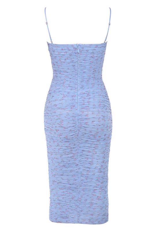 Robe Mi-longue House Of Cb Floral Ruched Bleu | KTS-906748