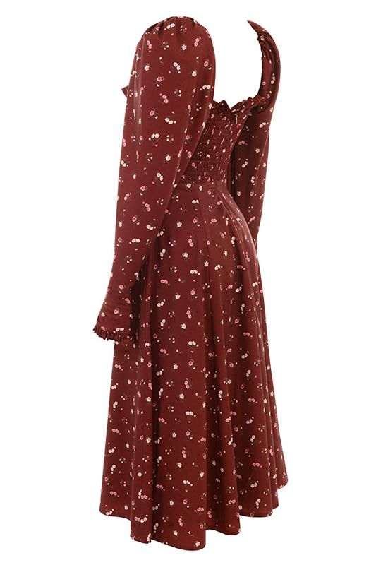 Robe Mi-longue House Of Cb Floral Shirred Bordeaux | PYZ-176258