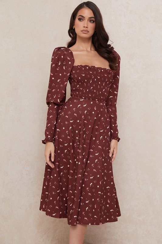 Robe Mi-longue House Of Cb Floral Shirred Bordeaux | PYZ-176258