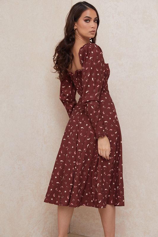 Robe Mi-longue House Of Cb Floral Shirred Bordeaux | PYZ-176258