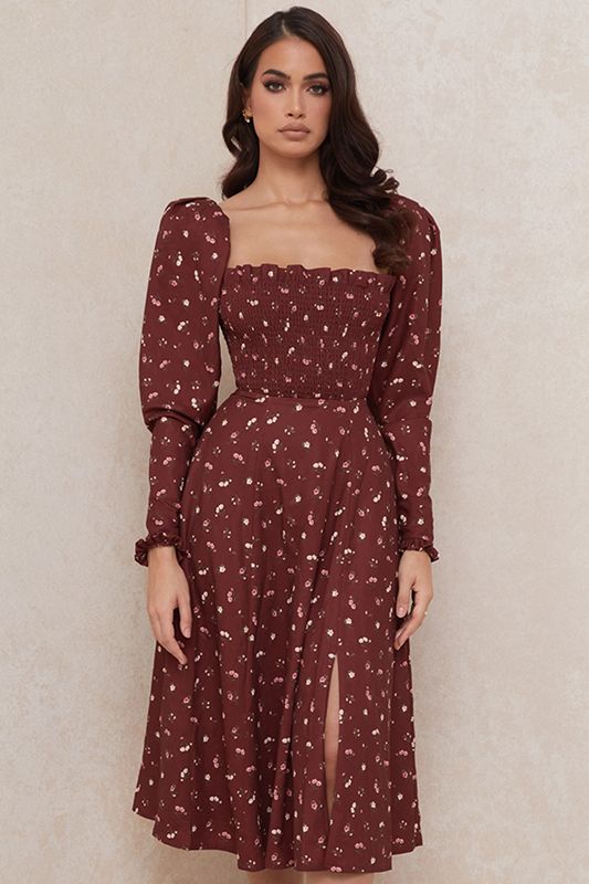 Robe Mi-longue House Of Cb Floral Shirred Bordeaux | PYZ-176258