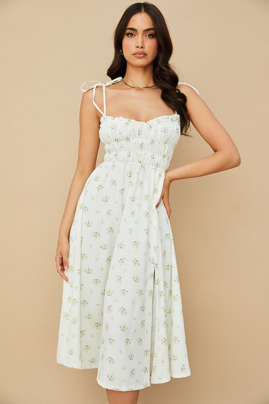 Robe Mi-longue House Of Cb Floral Shirred Blanche | QJK-195370