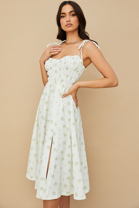 Robe Mi-longue House Of Cb Floral Shirred Blanche | QJK-195370