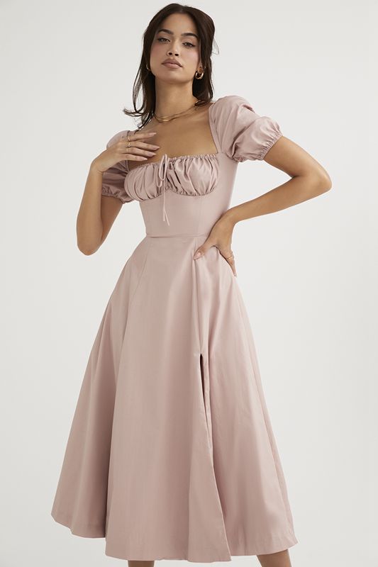 Robe Mi-longue House Of Cb Puff Sleeve Rose | LXW-351076