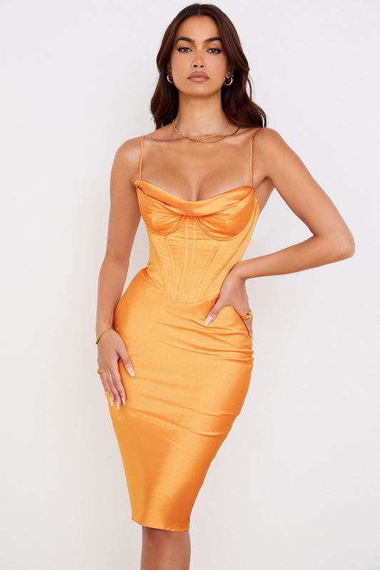 Robe Mi-longue House Of Cb Satin Orange | OZY-379680