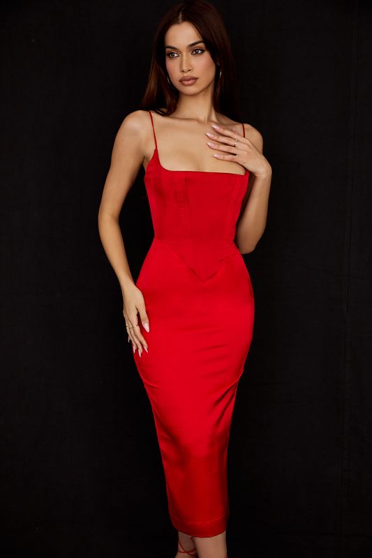 Robe Mi-longue House Of Cb Satin Rouge Foncé | WCG-503496