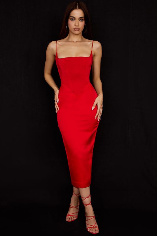 Robe Mi-longue House Of Cb Satin Rouge Foncé | WCG-503496