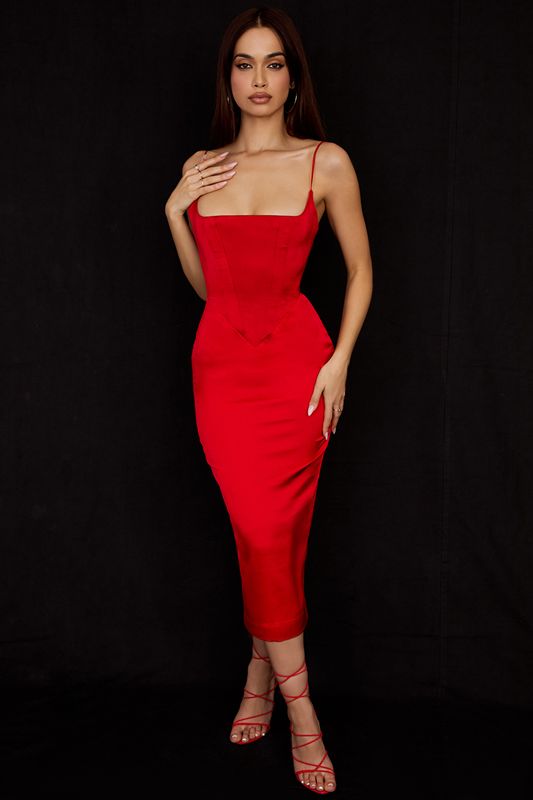 Robe Mi-longue House Of Cb Satin Rouge Foncé | WCG-503496