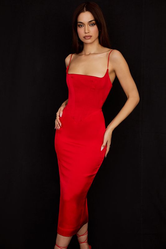 Robe Mi-longue House Of Cb Satin Rouge Foncé | WCG-503496