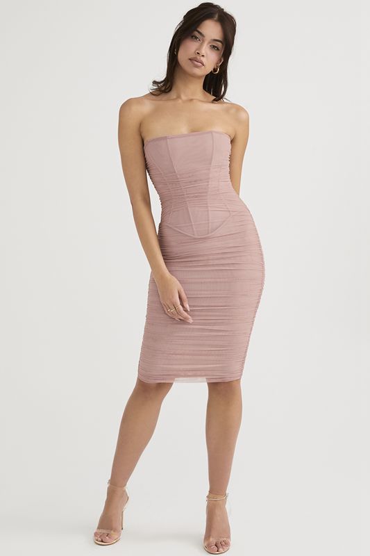 Robe Mi-longue House Of Cb Strapless Ruched Rose | KLG-081537