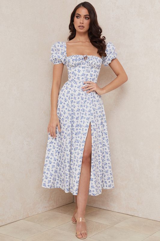 Robe Mi-longue House Of Cb White Floral Bleu | TOM-692083